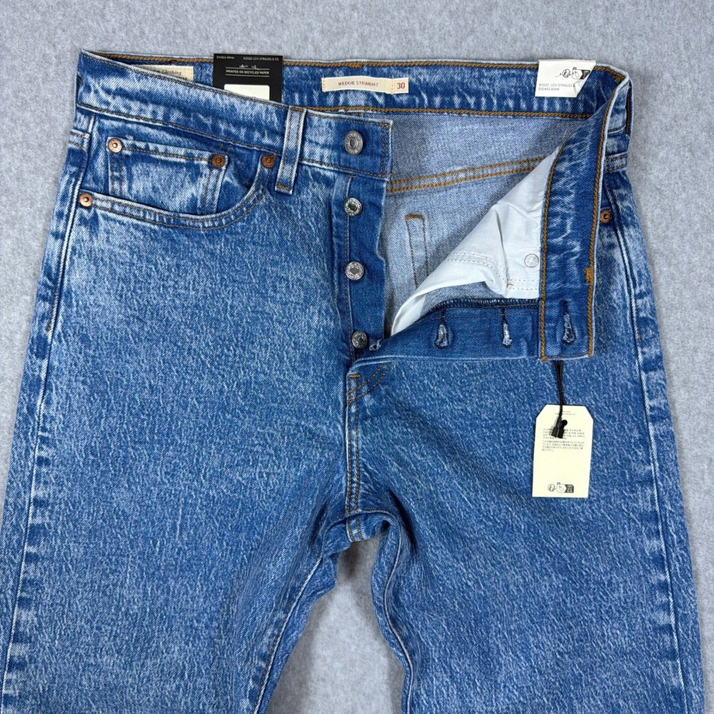 Levis Premium Wedgie Straight Jeans Blue Marble High Rise Button Fly 30x28 NEW - Picture 2 of 11
